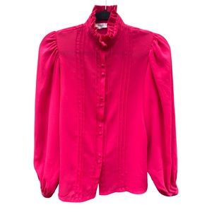 VTG pink blouse‎ high neckline w/ ruffle pull up sleeve, secretary, button up